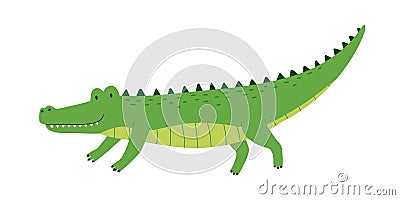 Cute friendly green crocodile with raised tail. Side view of happy smiling alligator isolated on white background Cartoon Illustration