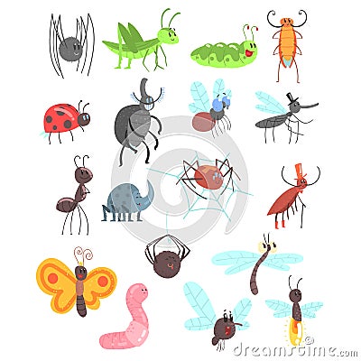 Cute Friendly Insects Set With Cartoon Bugs, Beetles, Flies, Spiders And Other Small Animals Vector Illustration