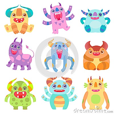 Cute Friendly Monsters with Horns, Friendly Funny Aliens Cartoon Characters Fantastic Creatures Vector Illustration Vector Illustration