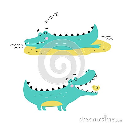 Cute friendly turquoise crocodiles set. Lovely baby alligators in different activities cartoon vector illustration Vector Illustration