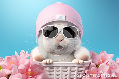 Cute and friendly white rabbit with big eyes and glasses riding a bicycle food delivery concept Stock Photo