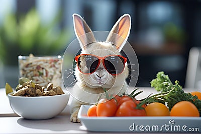 Cute and friendly white rabbit riding a bicycle with big eyes and glasses, food delivery concept Stock Photo