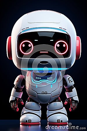 Cute friendly white robot on dark background. Created using generative AI Stock Photo