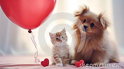 Cute friendship between puppy and kitten, balloon in shape of heart.Generative AI Stock Photo