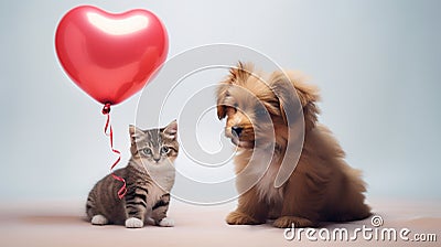 Cute friendship between puppy and kitten, balloon in shape of heart.Generative AI Stock Photo