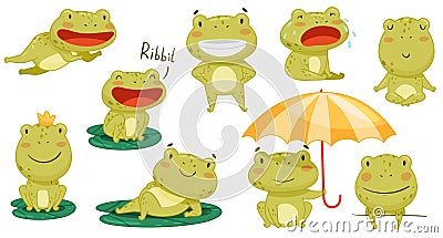 Cute frog activities set. Green funny amphibian toad character smiling, jumping and croaking cartoon vector illustration Vector Illustration