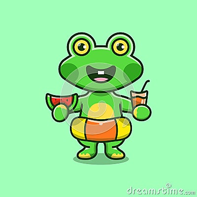 cute frog in beach hat with Swim rings carrying watermelon and drink Vector Illustration