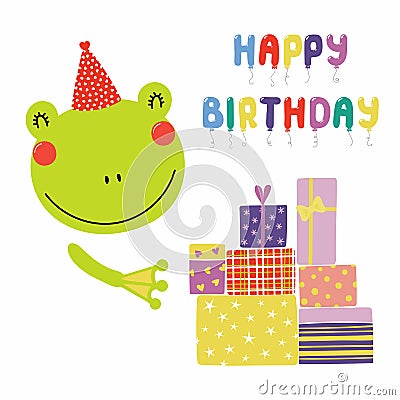 Cute frog birthday card Vector Illustration