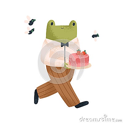 Cute frog character walking and carrying festive cake, gift for birthday party. Happy smiling funny animal in holiday Vector Illustration