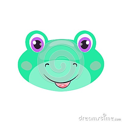 Cute frog face or mask isolated on white background. Cartoon toad with bright eyes, smiling and kind. Vector Illustration