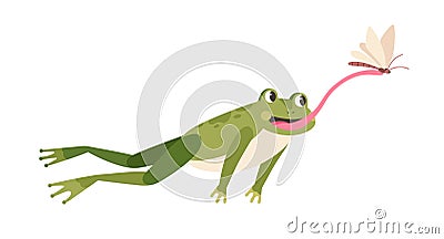 Cute frog hunting butterfly. Funny hungry toad jumping and catching flying insect with tongue. Happy little froglet Vector Illustration