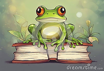 cute frog setting on books watercolor illustrator Stock Photo
