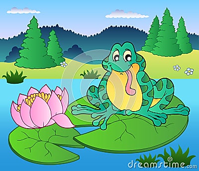 Cute frog sitting on water lily Vector Illustration