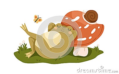 Cute frog sleeping under mushroom. Funny sleepy froggy asleep in nature. Adorable amphibian dreaming, lying on grass Cartoon Illustration