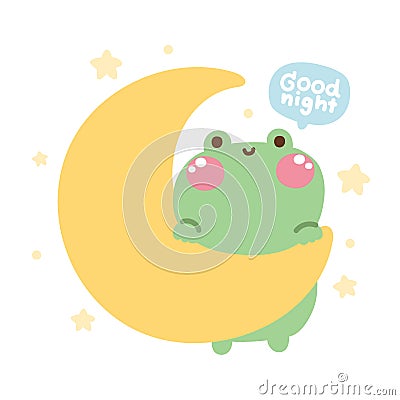 Cute frog stay on moon with star on white background.Good night font Vector Illustration