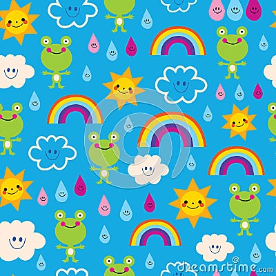 Cute frogs rain drops rainbows clouds seamless pattern Vector Illustration