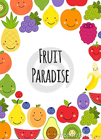 Cute Fruit Paradise frame background with various fruit characters Vector Illustration