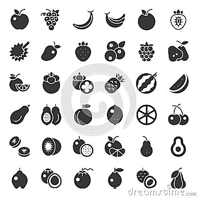 Cute fruit solid icon set, such as orange, kiwi, coconut, banana Vector Illustration