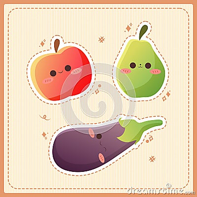 cute fruit and vegetable aesthetic cartoon illustration set Vector Illustration