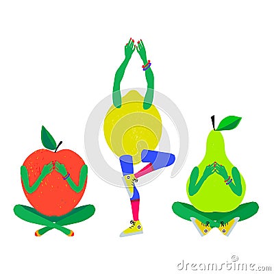Cute fruits do yoga pose exercises. Healthy eating and fitness Vector Illustration