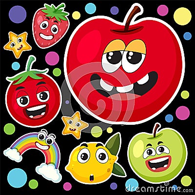 Cute fruits sticker seamless pattern Vector Illustration