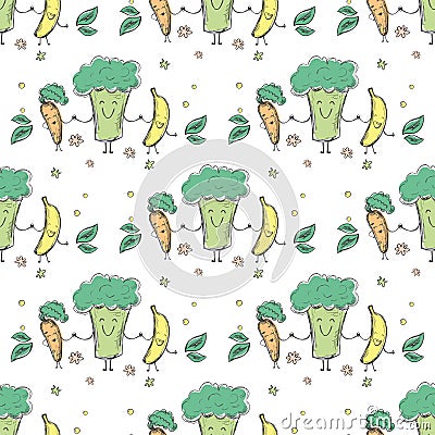 Cute fruits and vegetables hold on to handles. Texture with hand drawn natural foods. Seamless pattern with doodle products Vector Illustration