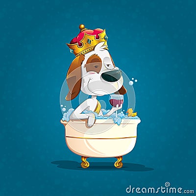 Elegant dog bathing with crown in an old bathtub Vector Illustration