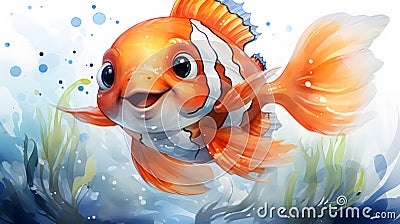 Cute funny animal illustration - Watercolor painting of cute sweet clown fish Cartoon Illustration