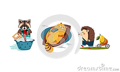 Cute funny animals characters in different actions, raccoon washing clothes in a basin, cat catching a fish in the boat Vector Illustration