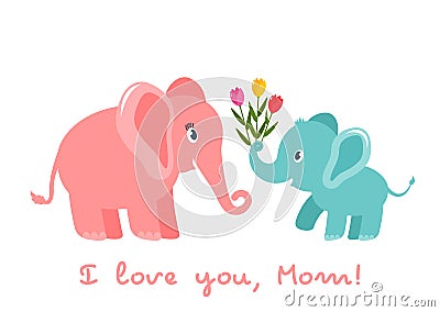 Cute funny baby elephant gives a heart bouquet of tulips flowers. greeting card. Mother`s Day holiday concept. flat vector Cartoon Illustration