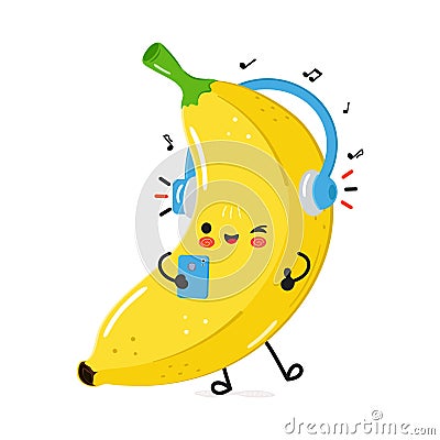 Banana listens to music on headphones with a smartphone. Vector hand drawn cartoon kawaii character illustration icon Vector Illustration