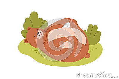Cute funny bear fooling around. Sweet teddy having fun, lying on grass. Lazy happy baby animal relaxing. Playful Vector Illustration