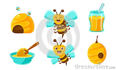 Cute Funny Bees, Beehive, Fresh Honey, Organic and Natural Honey Products Set Vector Illustration Vector Illustration