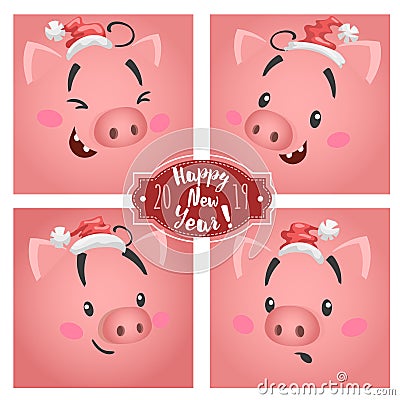 Cute funny big pig faces in christmas hats set. For greeting cards and calendars designs. Chinese 2019 year symbol. Vector Vector Illustration