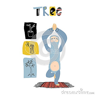 Cute funny blue sloth practiced yoga exercises on home mat in tree pose, branch icons, home plant pot Vector Illustration