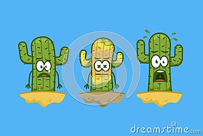 Cute funny cactus cartoon character mascot in scared, afraid, shock, and dead expression set illustration Vector Illustration