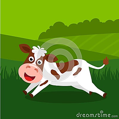 A cute, funny calf runs across a green lawn. flat vector Cartoon Illustration