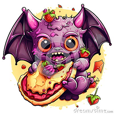 Cute and funny cartoon baby bat eats pizza Stock Photo