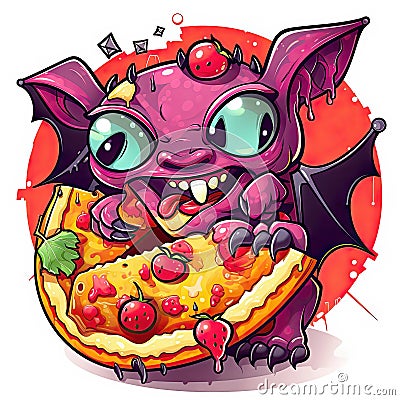 Cute and funny cartoon baby bat eats pizza Stock Photo