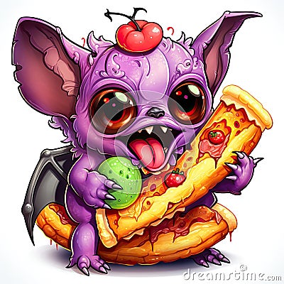 Cute and funny cartoon baby bat eats pizza Stock Photo