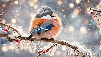 Cute funny cartoon bullfinch bird snowy branch fun design holiday Stock Photo