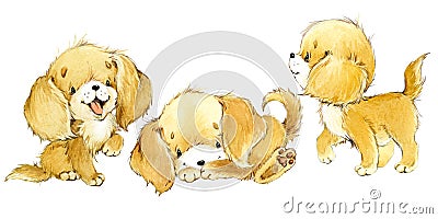 Cute funny cartoon dogs. watercolor puppy pet characters set Stock Photo