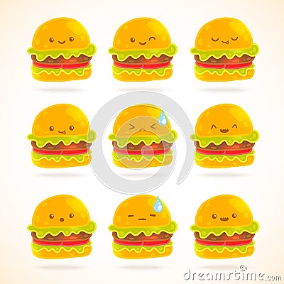 Cute funny cartoon hamburger with emotions set Vector Illustration