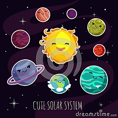 Cute and funny cartoon planets stickers of solar planetary system. Kids astronomy education vector set Vector Illustration