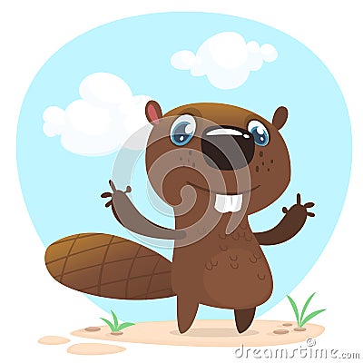 Cute funny cartoon vector beaver waving with his hands. Fluffy beaver character Vector Illustration