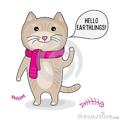 Cute funny cat in a scarf stands on two paws and says Hello Cartoon Illustration