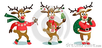 Cute and funny Christmas reindeers, cartoon vector illustration isolated on white background, reindeer with Christmas Vector Illustration