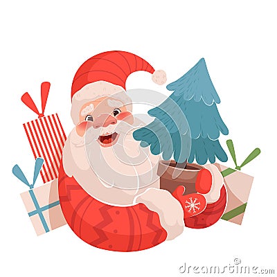 Cute funny Christmas Santa is holding a Christmas tree next to the gifts. Christmas illustration on a white background Vector Illustration