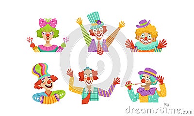 Cute Funny Clowns Collection, Cheerful Circus Cartoon Characters, Birthday or Carnival Party Design Element Vector Vector Illustration