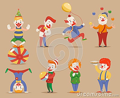Cute Funny Clowns Different Positions and Actions Character Icons Set Retro Cartoon Design Vector Illustration Vector Illustration